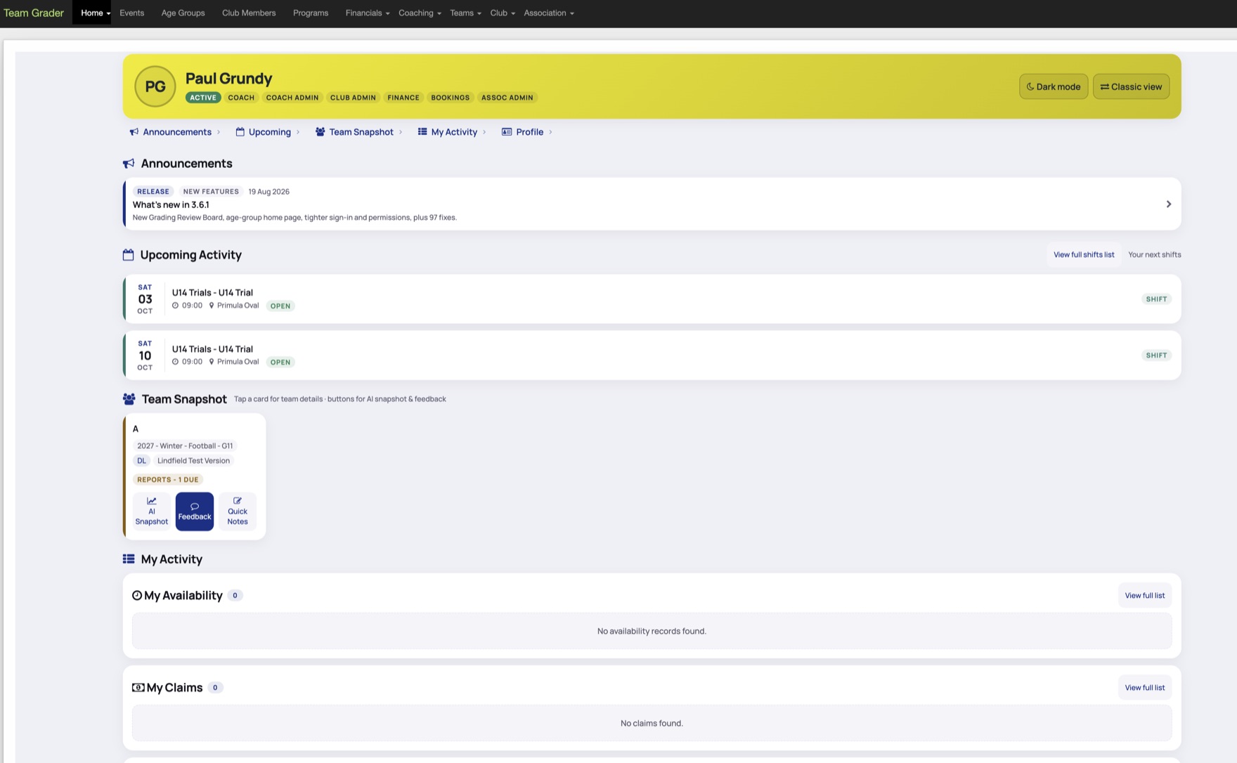 A Team Grader home page showing one person's roles, their upcoming shifts, and each team they coach with the number of player reports still due