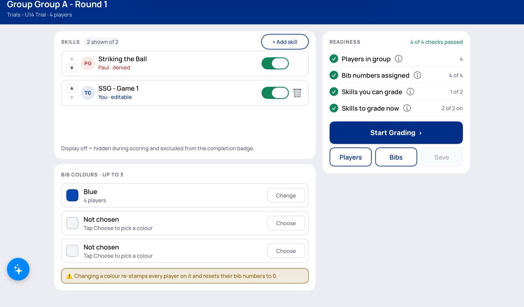 Setting up a grading group in Team Grader: the skills to be assessed, bib colours, and a readiness panel checking players, bibs and skills before scoring can start