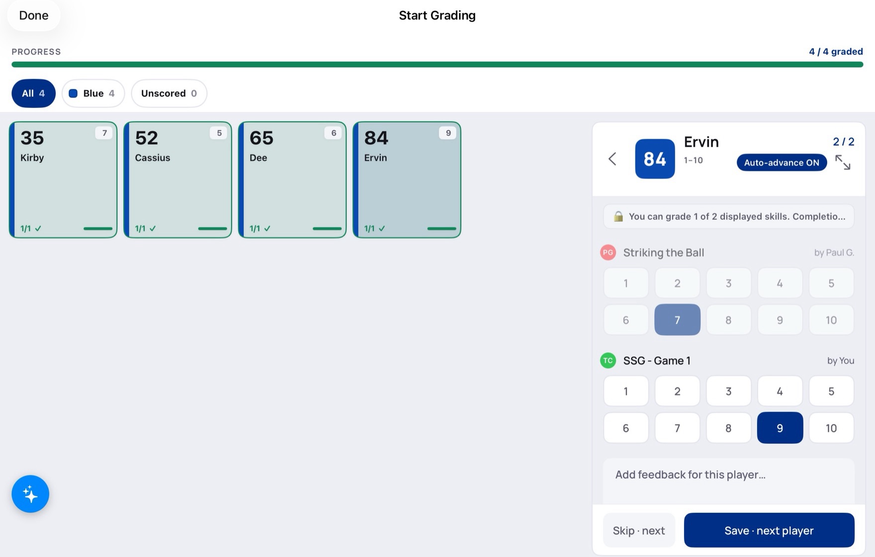 Scoring players in Team Grader: each player as a bib card with their progress, and a scoring panel with the skills this grader owns