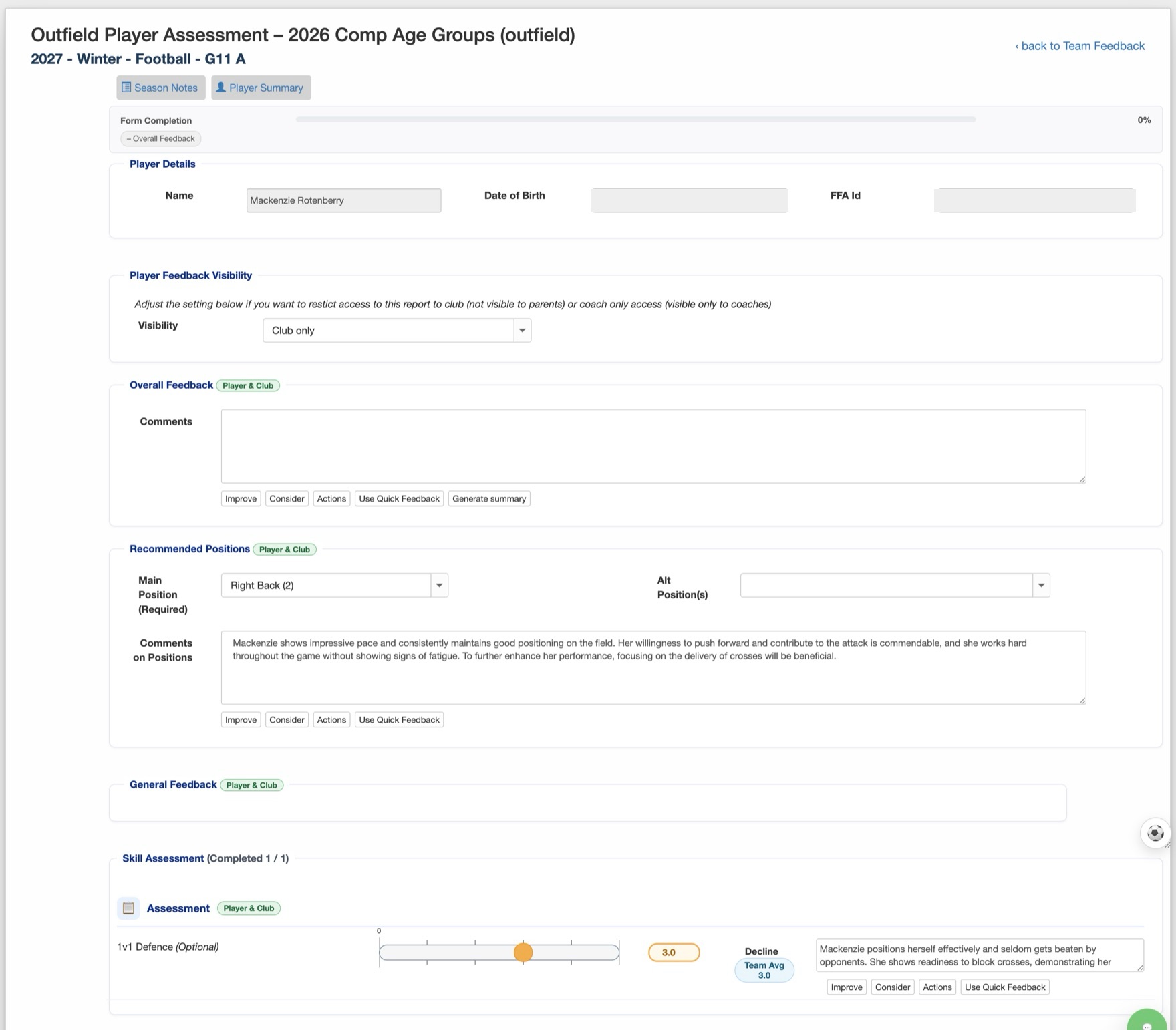 A player feedback report in Team Grader, with AI assistance on every comment box and each skill scored against the team average